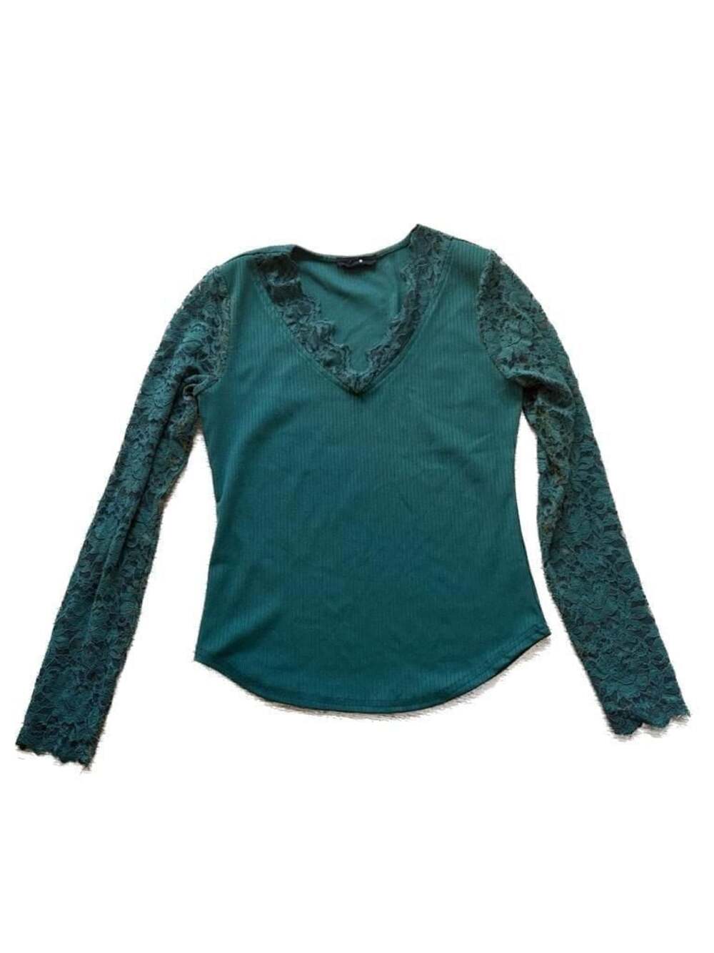 MINE Forest Green Ribbed Lace Trim V-Neck Long Sleeve Top